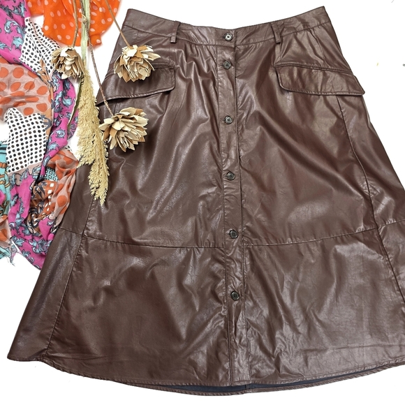 Banana Republic Brown Faux Leather Midi A-line Skirt Sz 16 - Picture 1 of 8